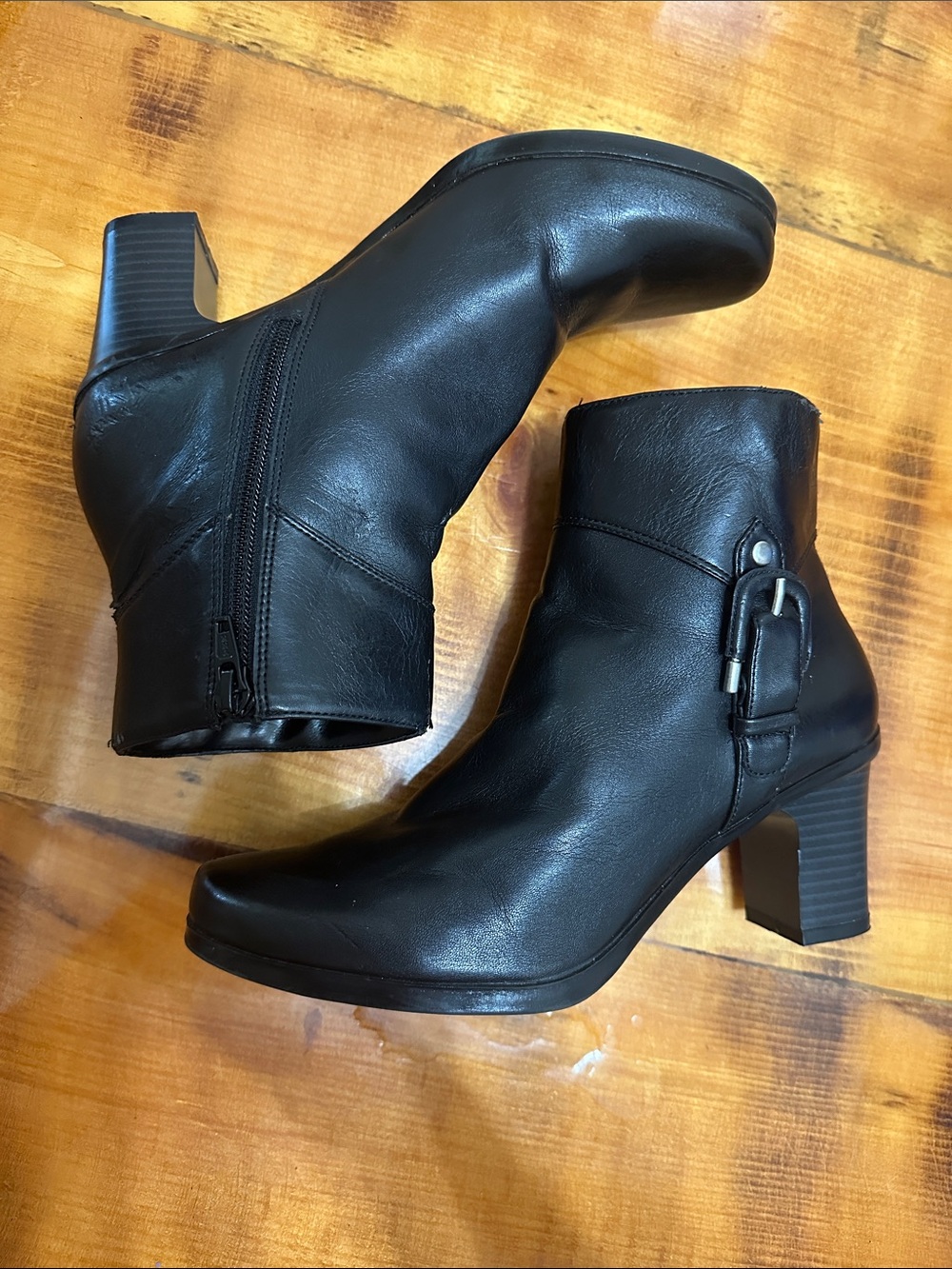 Life Stride Black Leather Ankle Booties with Buckle Detail